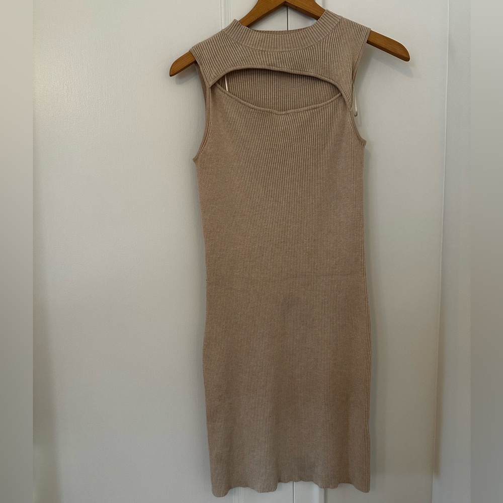 Pink Rose Sleeveless Tan Midi Dress